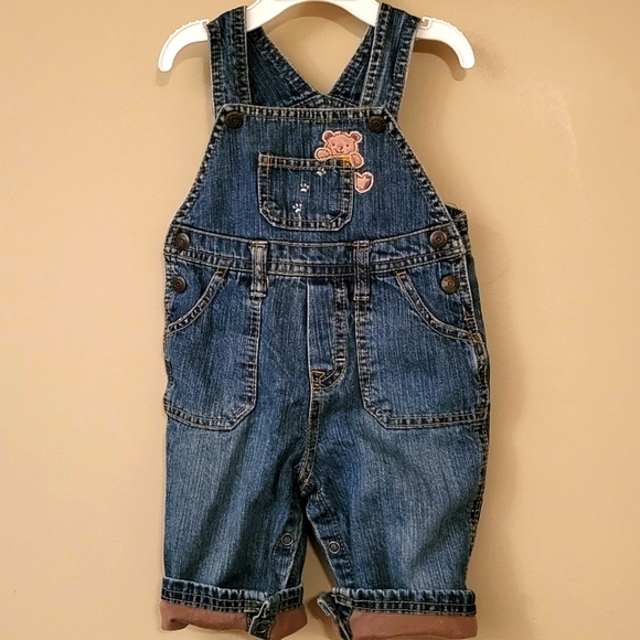 Lined denim overalls with embrodiered teddy bear on front - Picture 1 of 5
